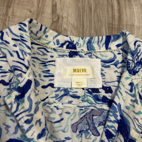 Maeve Linen Blend Coastal Surf Shirt Blue White Women’s Small - Picture 6 of 8